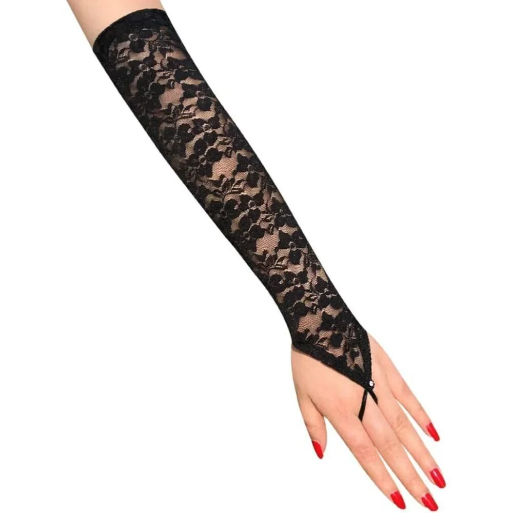 Women's Black 15.8 Inch Elbow Length Finger Less Halloween Cosplay Gloves